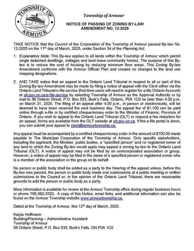 Notice of Passing - ZBA: Reduced Minimum Floor Area